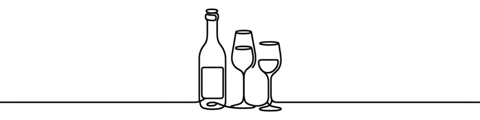 Bottle of wine and a glass are depicted in a continuous line drawing style. Vector illustration.