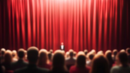 A blurred view of an audience eagerly awaiting a performance behind a striking red theater curtain.