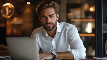 Smiling man with glasses working from home at a laptop, relaxed in a modern office, freelance career, productive work environment, natural lighting, casual professional