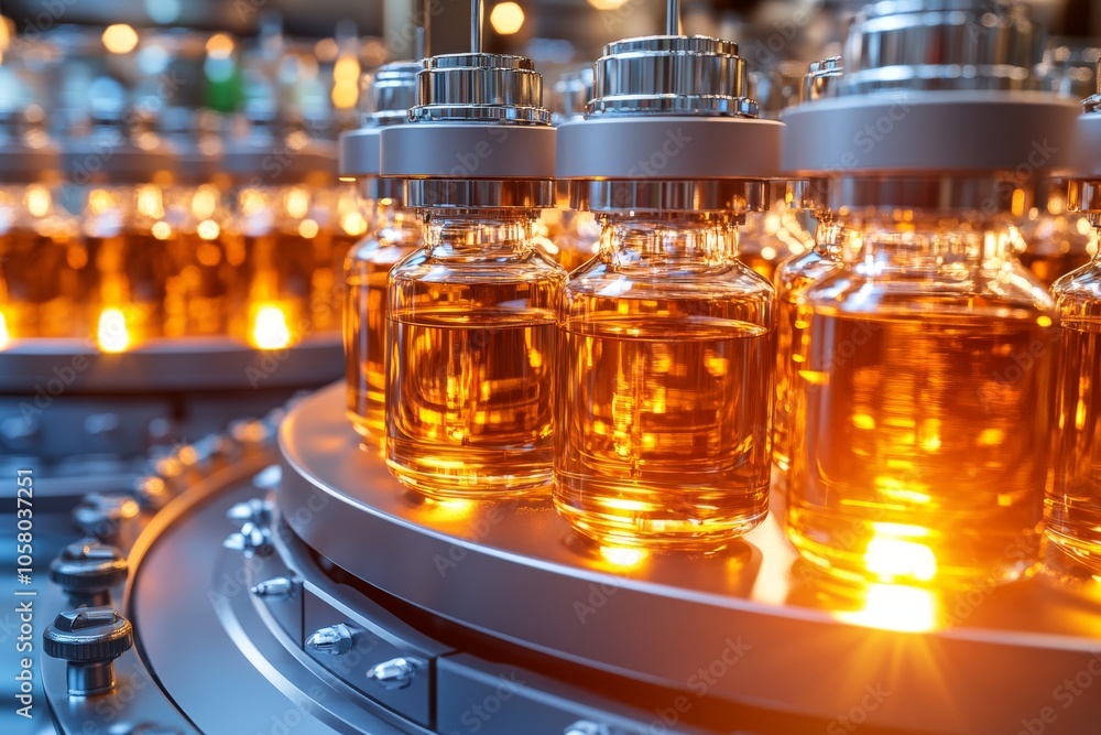 Poster industrial assembly line with orange vials arranged in metallic containers representing automation p