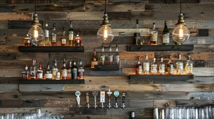 Obraz premium Several illuminated glass globe lights are hanging from the ceiling of a bar illuminating bottles of liquor. The wall is decorated with wood planks