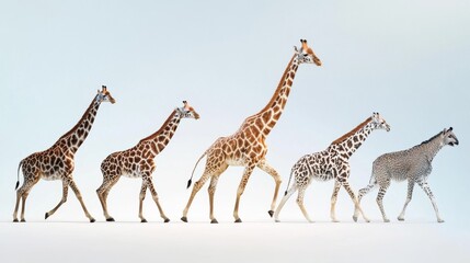 Obraz premium A captivating image showcasing the evolution of giraffes, highlighting their unique shapes and sizes against a soft background.
