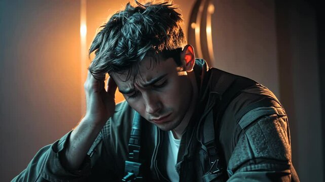 A young man sits in a dimly lit room, his head in his hands, looking exhausted and troubled