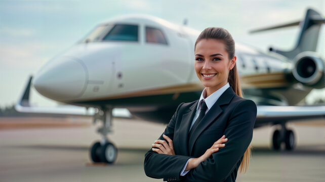 A confident female pilot stands proudly in front of a private jet, showcasing professionalism and elegance. Image is perfect for aviation marketing, travel agencies, and luxury lifestyle promotions - Powered by Adobe
