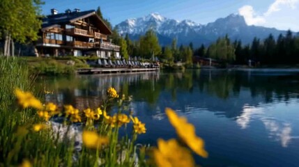 A wooden cabin resort nestled by a calm lake with mountains in the background.