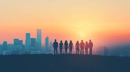 Group Silhouette Against a Sunset Skyline