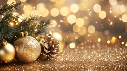 golden ball Christmas ornaments against a glowing background, evoking warmth and celebration. copy space