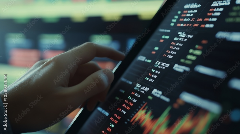 Poster a close-up of a hand interacting with a financial data screen displaying stock market trends and num