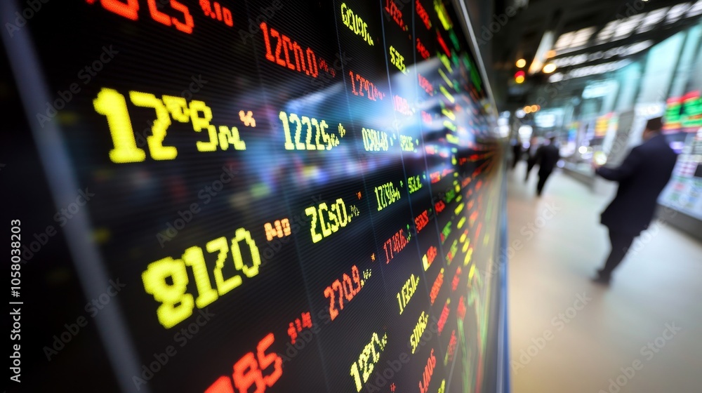 Poster a close-up of a stock market display board showing various stock prices and trends in a dynamic trad