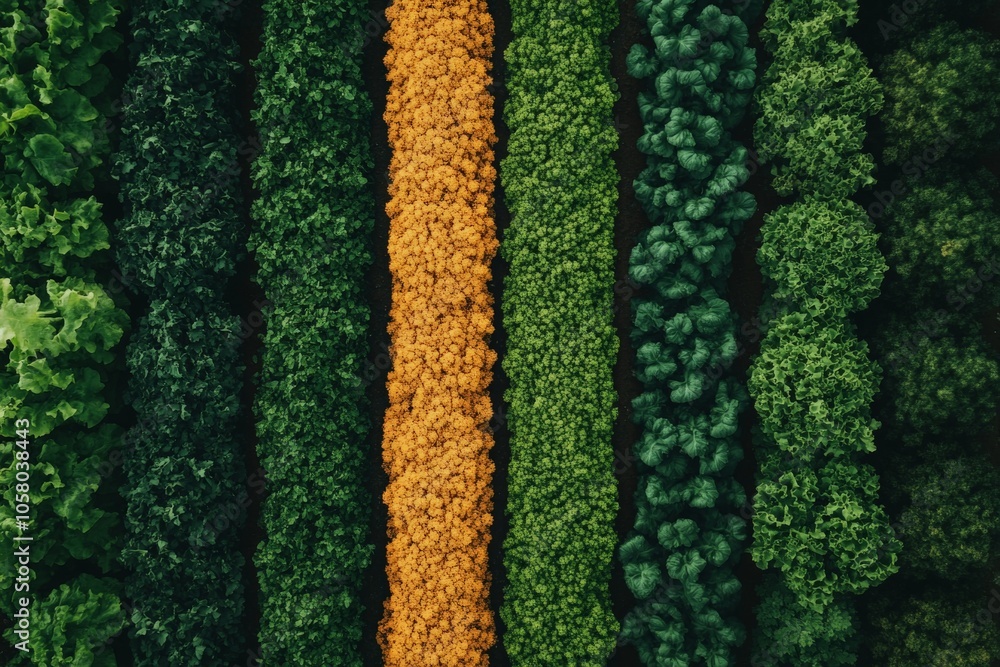 Poster dense perfectly aligned rows of green and orange trees create a symmetrical pattern seen from above 