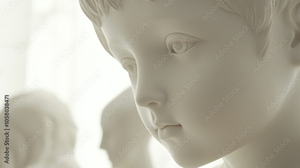 Poster a close-up view of a delicate white sculpture of a child, capturing intricate details and serene exp