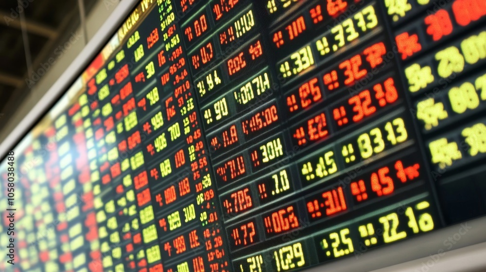 Poster a close-up view of a digital stock exchange board displaying financial data and market trends in vib