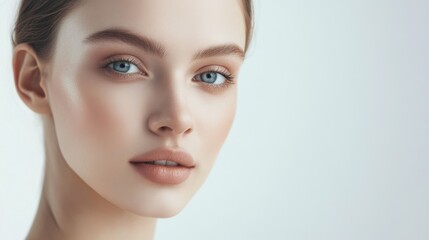 Obraz premium A close-up portrait of a young woman with natural makeup and clear skin against a light background, exuding beauty and confidence.