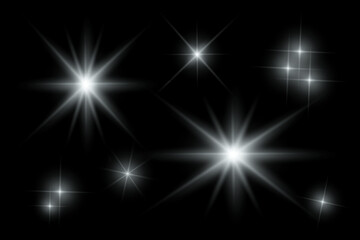 Silver sparkle lights, flashing lights, light effects, sunlight lens flare, glowing ray beams, sparkling starsicon on black background.