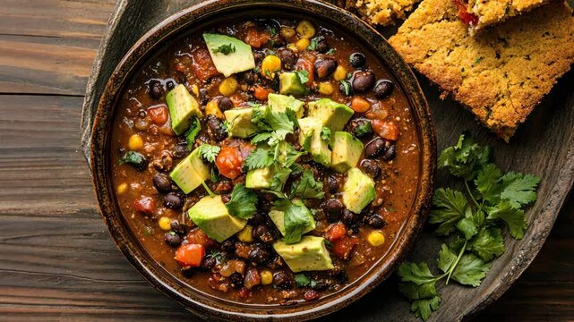 A bowl of chili topped with avocado and cilantro sits on a wooden table alongside some cornbread