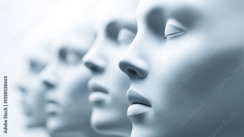 Aufkleber a close-up view of multiple white mannequins with serene expressions, showcasing modern design and a