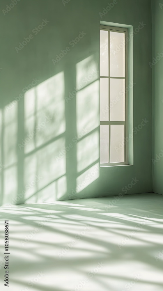 Aufkleber abstract shadows from window frames on a light green wall. natural sunlight flooding an empty room w