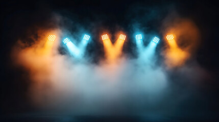 Stage setup with vibrant orange and blue spotlights creating a dramatic effect in a smoky atmosphere
