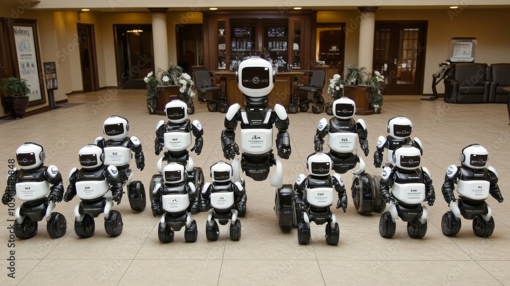 Poster a collection of humanoid robots and robotic toys arranged in a modern indoor setting, showcasing adv
