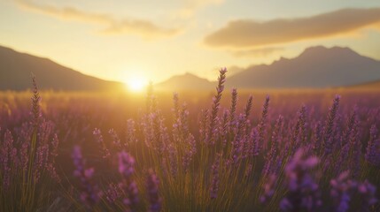 A beautiful lavender field illuminated by the warm glow of the sunset.