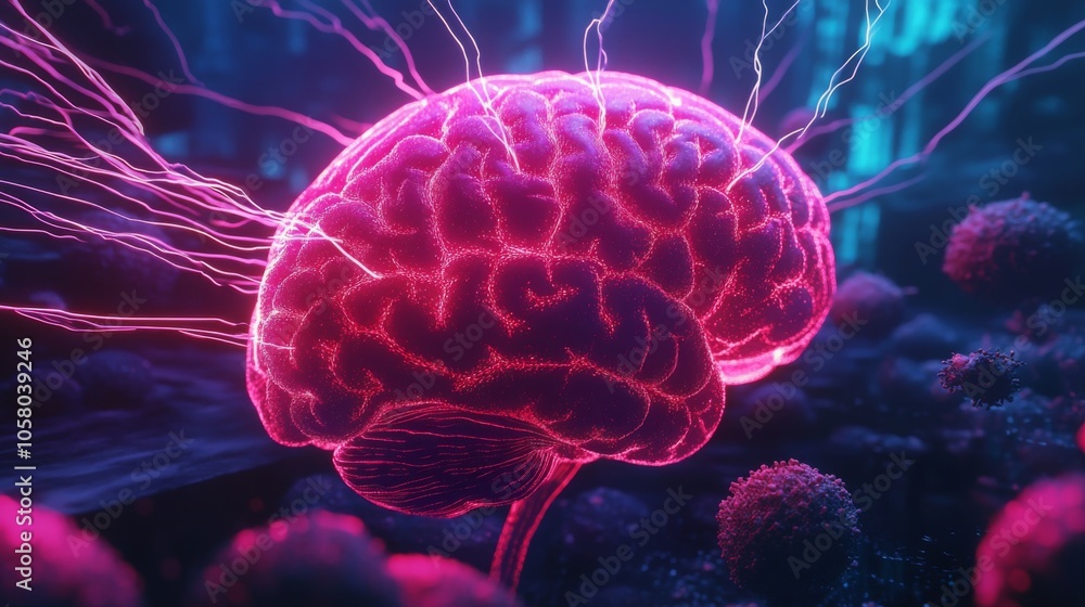 Leinwandbilder a vivid representation of a brain pulsating with electric energy, surrounded by an abstract digital 