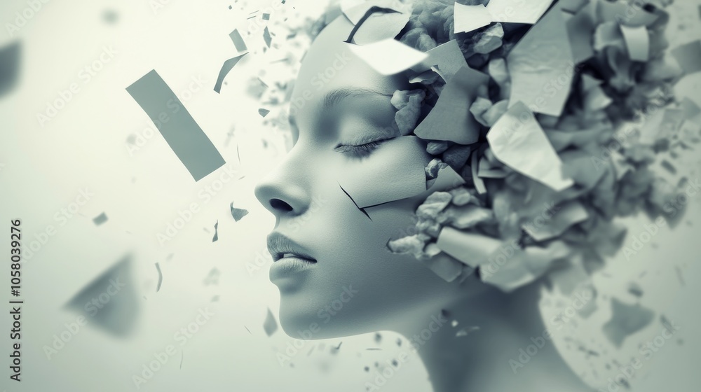 Poster a conceptual image of a serene face with fragmented elements representing thoughts and creativity in