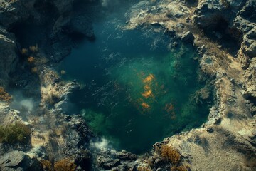 Obraz premium Aerial view of a turquoise natural pool surrounded by rugged rocks and sandy edges displaying the untouched beauty of a hidden coastal landscape