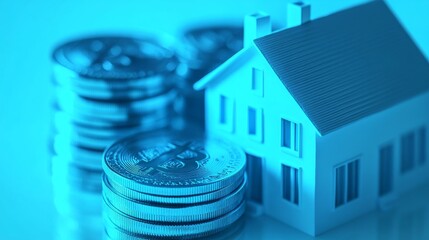 A conceptual image of a model house next to stacks of coins, representing real estate investment and financial growth.