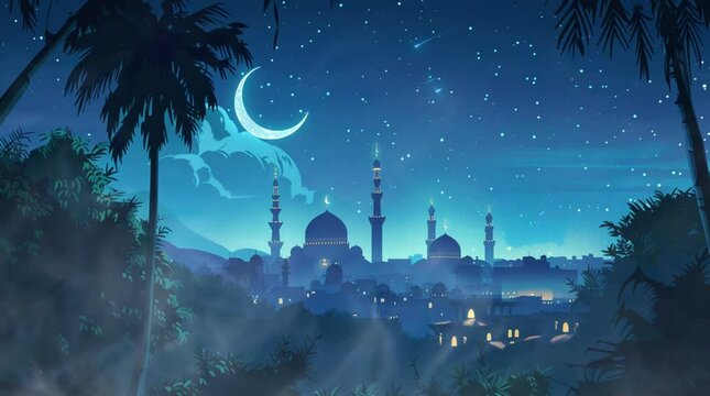 Stunning mosque illuminated by soft moonlight under a starry sky, creating a serene and peaceful nighttime atmosphere
 Seamless looping 4k time-lapse virtual video animation Generated AI