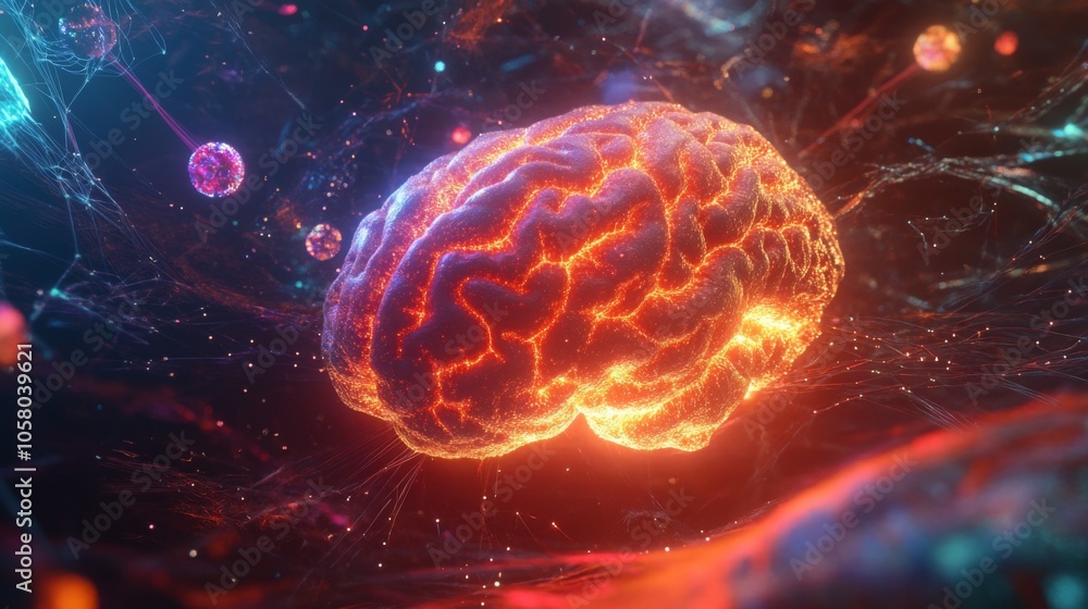 Poster A 3D rendering of a brain glowing with bright orange light. It is surrounded by blue and purple lines and orbs. The brain is in the center of the image.