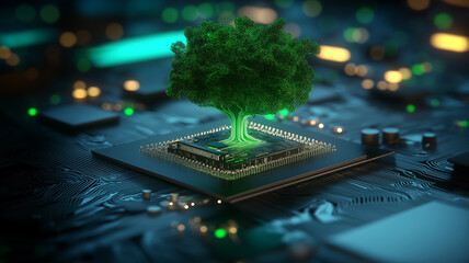 villustration of digitally created image of ree with foliage growing from a circuit board illustrating the concept of technology

