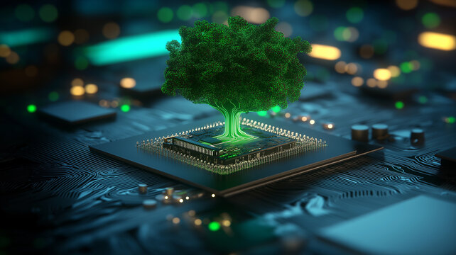 villustration of digitally created image of ree with foliage growing from a circuit board illustrating the concept of technology
