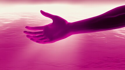 A creative representation of a hand reaching out, highlighted with pink tones and a serene backdrop, symbolizing connection and hope.