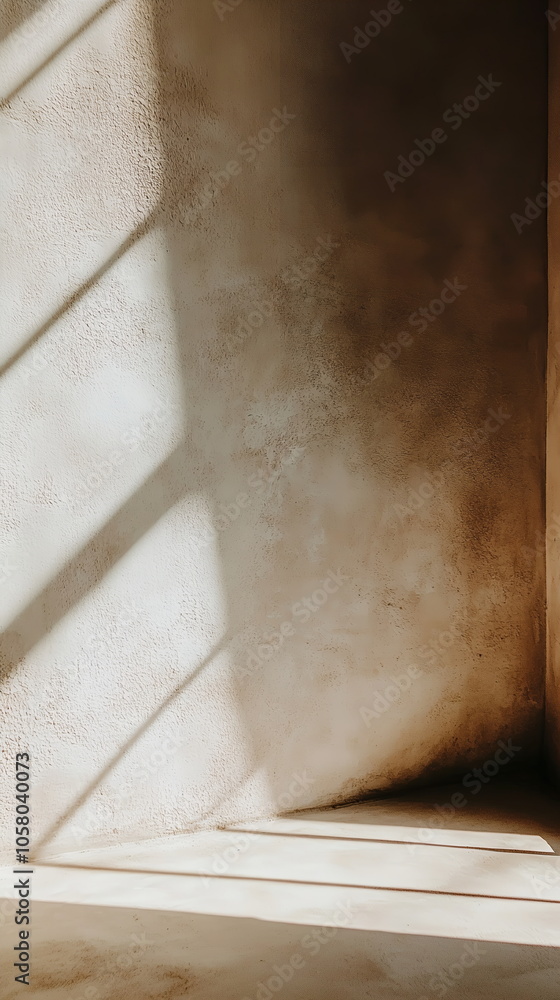 Aufkleber light and shadow from a large window spreading across textured sandy-colored wall. minimalist open s