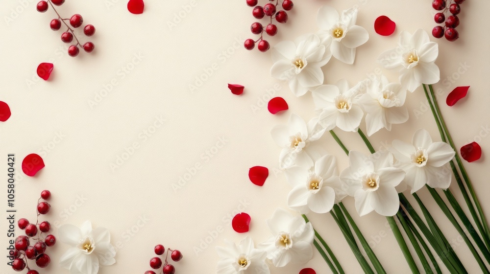 Poster A cluster of white daffodils with long green stems and red berries are arranged on a cream background with scattered red rose petals.