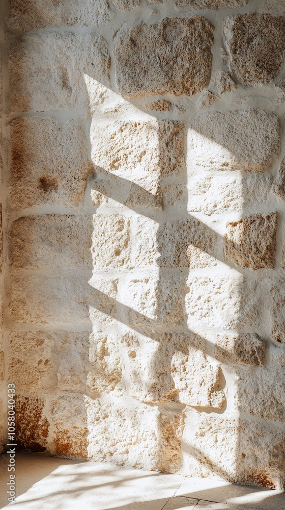 Aufkleber pale sunlight falling across a rough stone wall. window shadow creating a geometric design in a spar