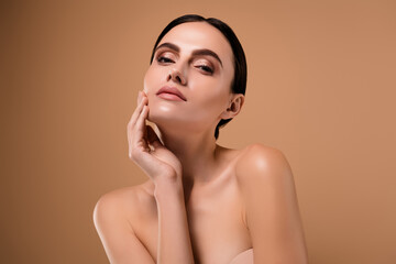 Photo of gorgeous tender mature lady enjoy healthy flawless skin isolated on pastel color background