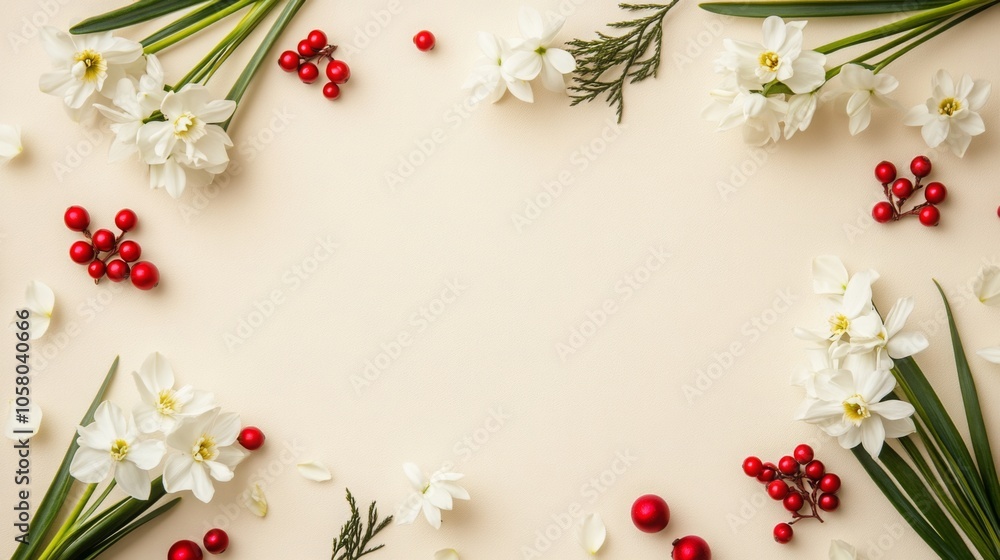 Poster a beautifully arranged layout features white flowers and red berries, surrounded by green leaves on 