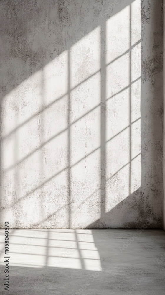 Poster panoramic window casting a grid-like shadow on a concrete-textured wall. neutral tones in an empty s
