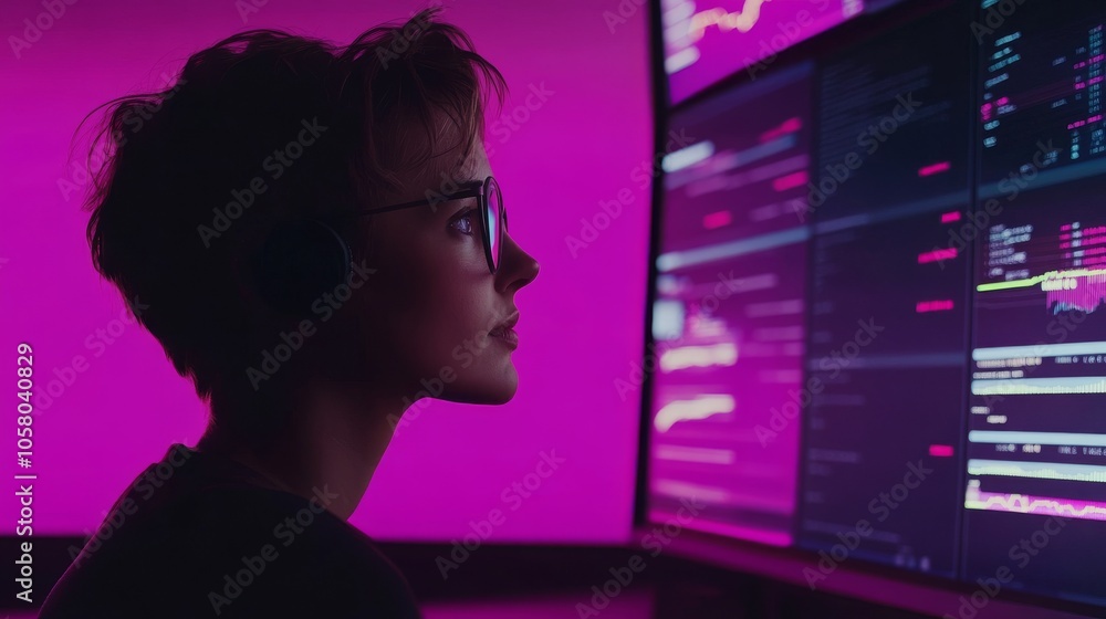 Poster a focused individual analyzes data on a high-tech display, surrounded by a vibrant purple glow in a 