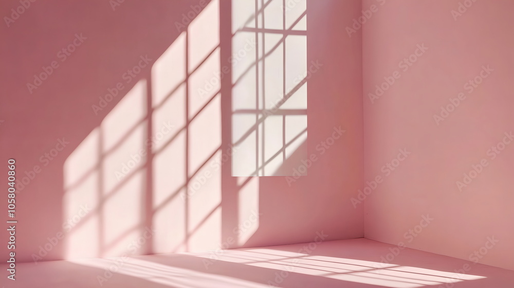 Poster shadows from a single window dividing light and shade on a muted pink wall. calm, open space with a 