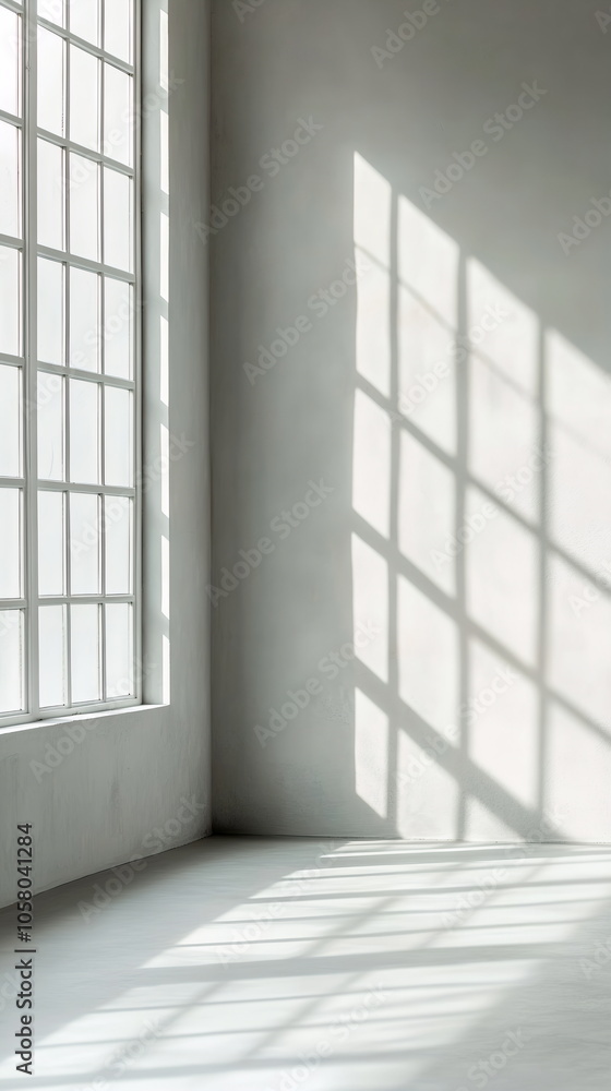 Poster soft shadows from a large window on a pale gray wall. faint light illuminating an empty room with sm