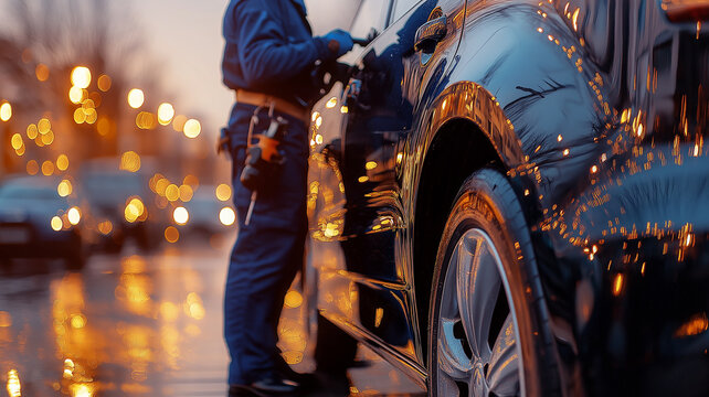 Professional Locksmith Working on Car Door, Security Expertise at Dusk

