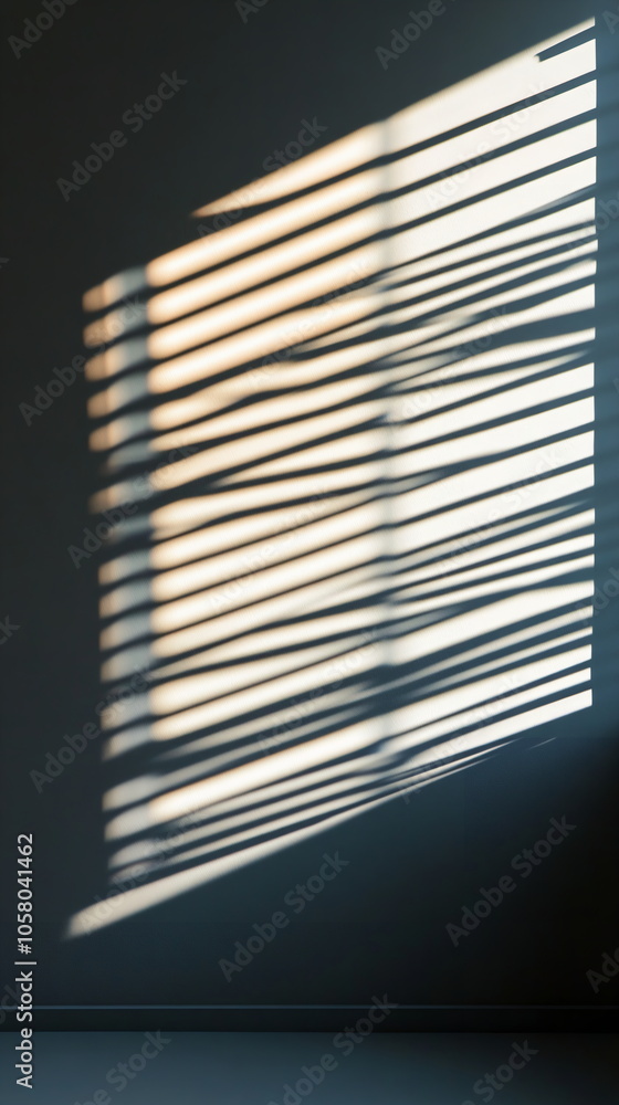 Poster strong shadows from window blinds on a dark gray wall. crisp sunlight creating sharp contrasts in a 