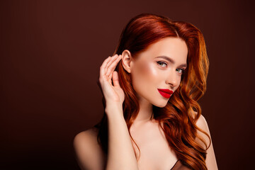 Fototapeta premium Photo of stunning alluring fashionable lady evening club party isolated on brown color background