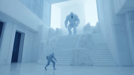 A giant creature looms over a small figure in a surreal, minimalist space, evoking themes of fear and confrontation.