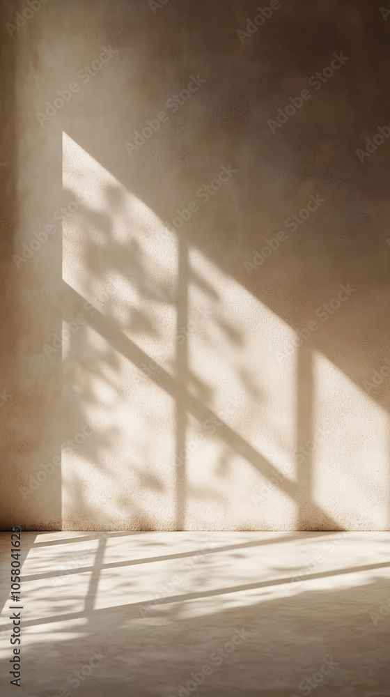 Poster subtle shadow of a window frame falling across textured taupe wall. soft sunlight filling an empty r