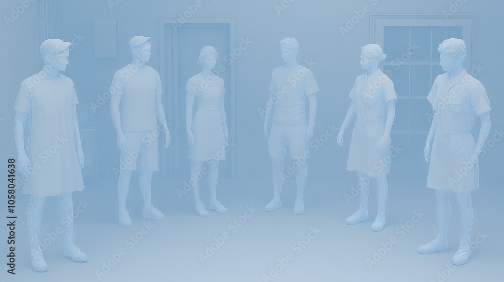 Poster a group of six human figures stand in a softly lit, foggy room, representing unity and connection in