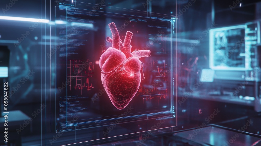 Poster A detailed representation of a human heart is displayed within a high-tech laboratory setting, illuminated by vivid digital effects. The environment features advanced medical equipment and screens.
