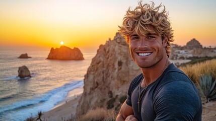 A happy man enjoys a breathtaking sunset by the ocean, surrounded by stunning cliffs, radiating warmth and joy.